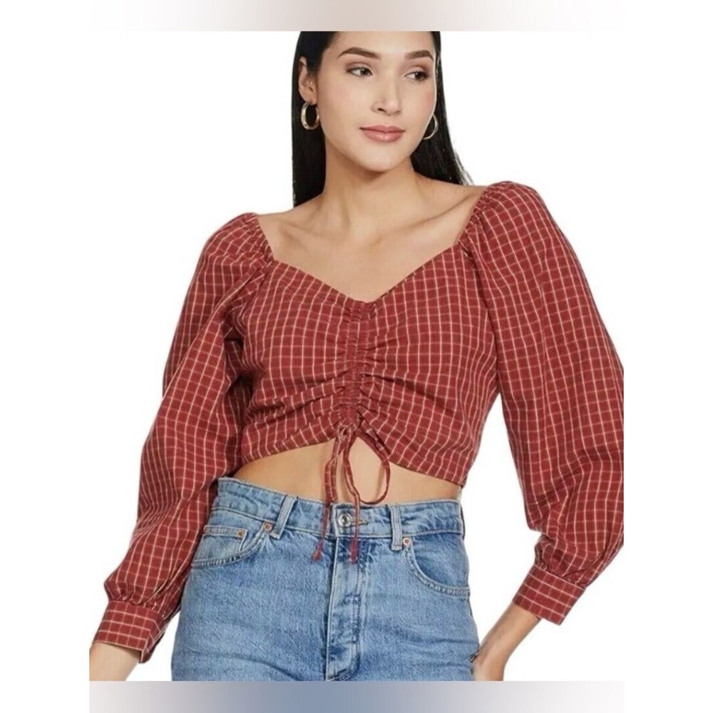 Levi's Women’s Large Western Plaid Ruched Front Cotton Long Sleeve Crop Top